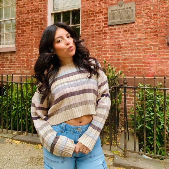 Trendy Ribbed Stripe Printed Crop Sweater - Perfect for Layering - Picture 2 of 3